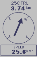 GPS 'compass screen' showing name (top), distance and direction to next waypoint as well as current speed (bottom)